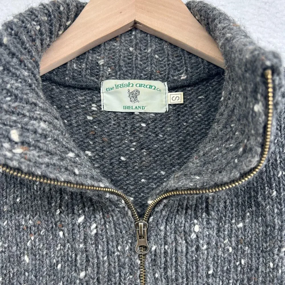 ARAN Sweater Mens S Irish Speckled 100% Merino Wool 1/4 Zip Pullover Jumper Gray